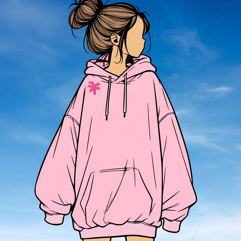 realistic girl with a oversized sweatshirt on and a bun