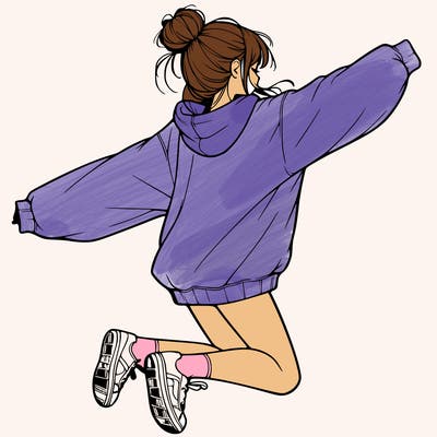 realistic girl jumping with a bun and oversized sweatshirt