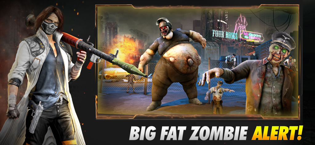 Sniper Ops: Gun Shooting Games - A masked character holding a rocket launcher next to a large zombie in a city environment