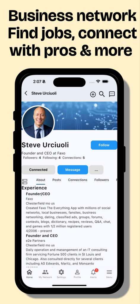 Faxo: Everything App - A screenshot of the Faxo app displaying a professional profile for business networking and job search.