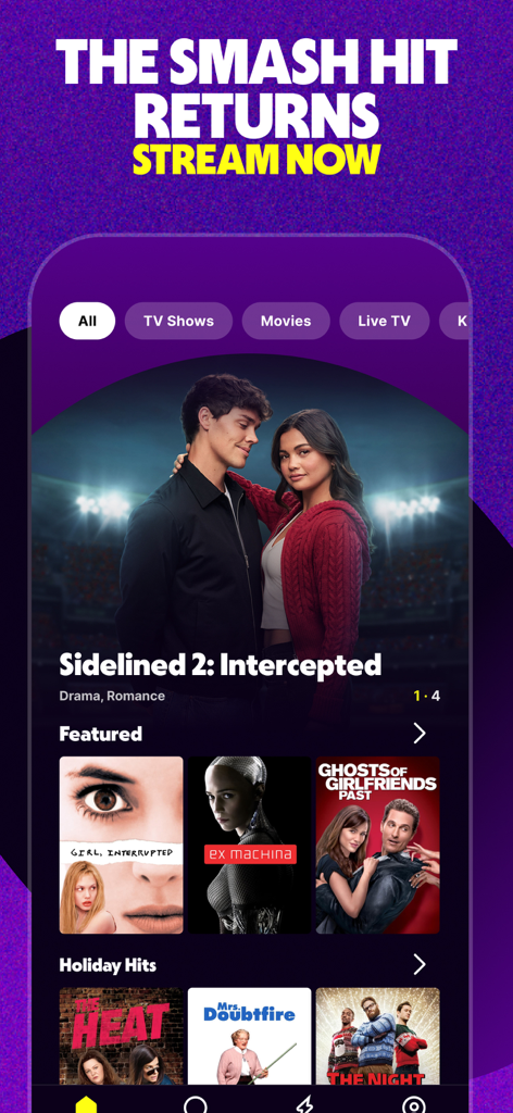 Tubi app home screen displaying featured movies and series categories