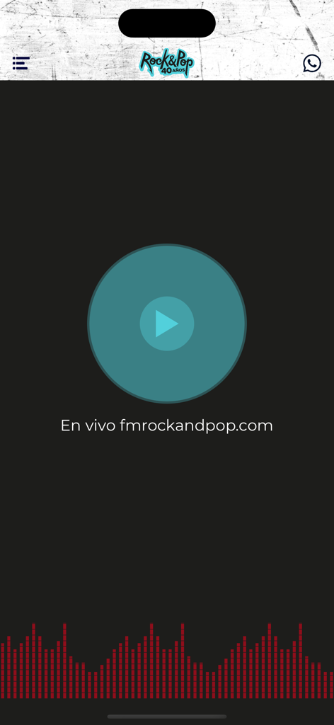 Rock & Pop - Pantalla del reproductor en vivo para la app de radio Rock and Pop con un botón de reproducción y visualizador de audio