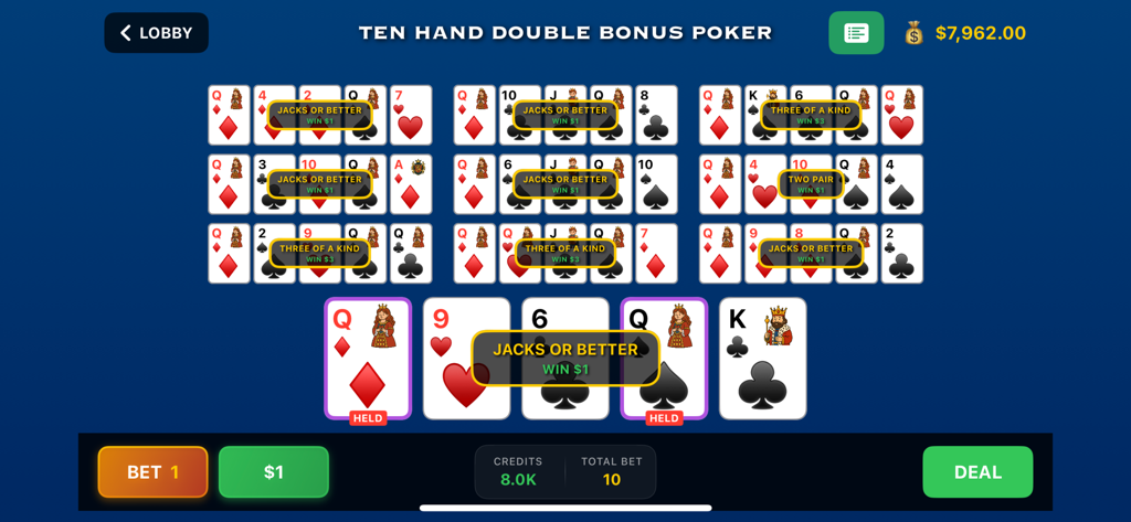 Juego de Double Bonus Poker de diez manos en la app móvil Video Poker Galaxy.