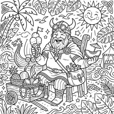 Unwind with our cheerful Viking Trader enjoying a relaxing summer vacation on a tropical beach. This delightful coloring page captures the joy of sunny days, ice cream, and exotic fruits, perfect for a creative escape.