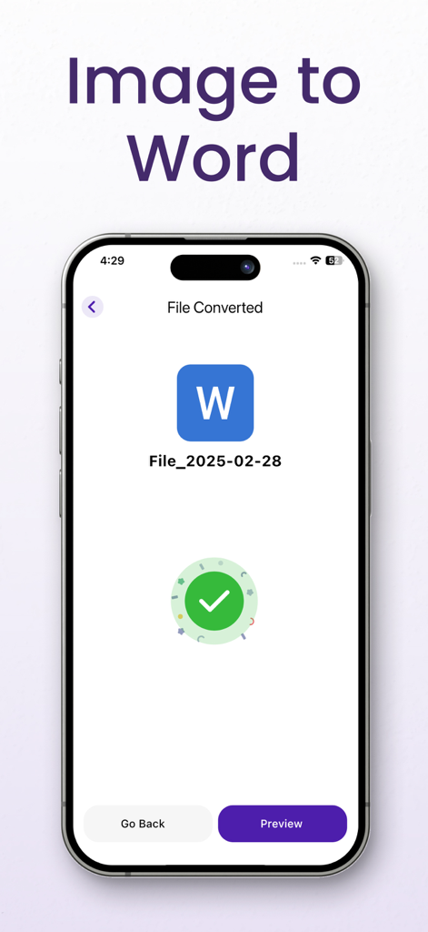 Text Scanner OCR App: OCR Scan - A smartphone screen showing a successful conversion from an image to a Word document with a checkmark and preview button