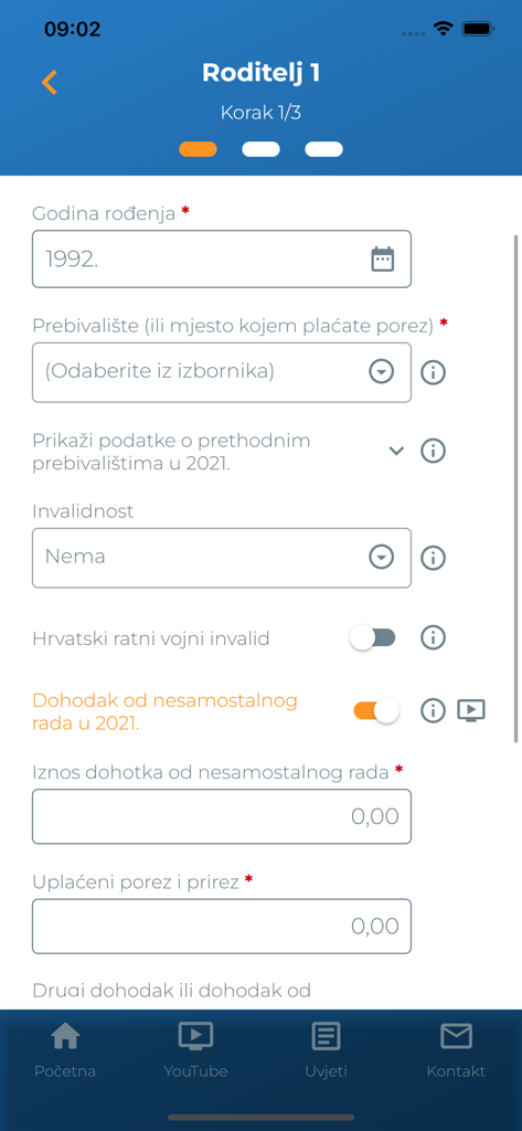 Interfaz de la aplicación Toni Milun que muestra un formulario de entrada de datos financieros para cálculos de impuestos