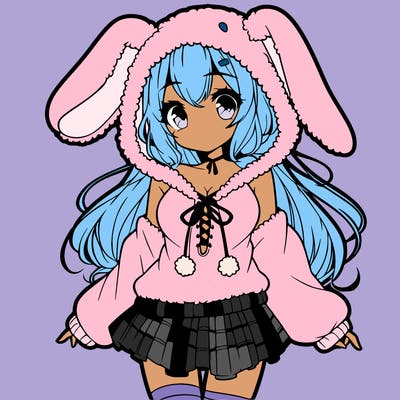 pretty anime girl wearing a fluffy hoodie with bunny ears on the hood and a skirt