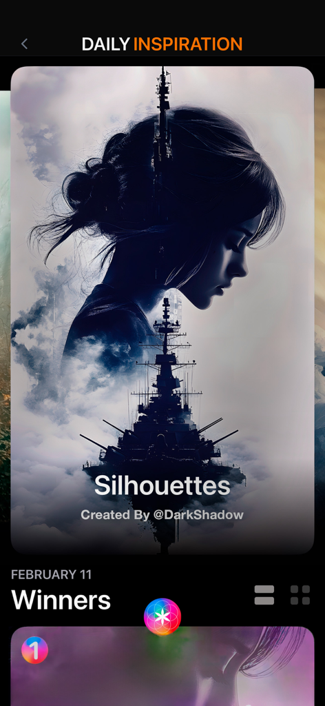 Plotaverse app daily inspiration screen showing a digital artwork composite of a womans silhouette and a battleship