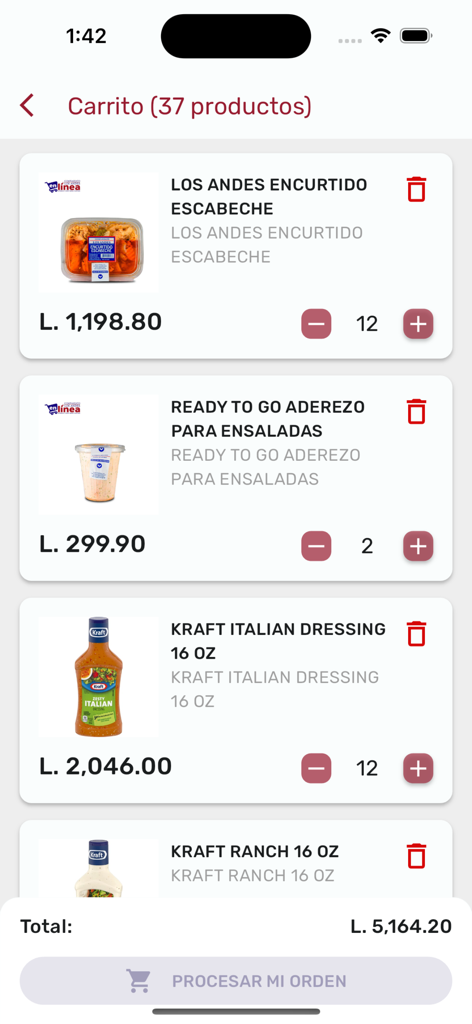Comisariato Los Andes - Pantalla del carrito de compras mostrando artículos de comestibles y el precio total en la aplicación Comisariato Los Andes