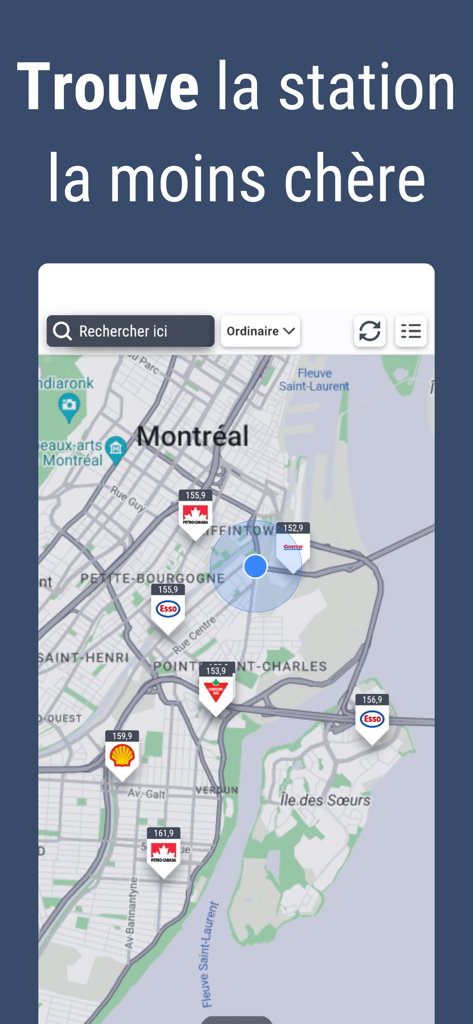 Prix Essence Québec Gas Prices - Interactive map of Montreal showing real-time gas prices at local stations like Shell and Esso