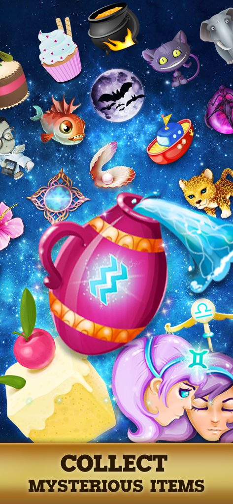 Blackjack 21: Casino Poker - A collection of colorful mysterious items and zodiac symbols on a cosmic background in the Blackjack 21 game.