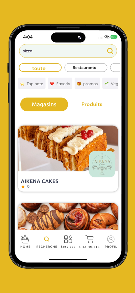 Search screen of the Adelo marketplace app featuring local food stores and bakery products