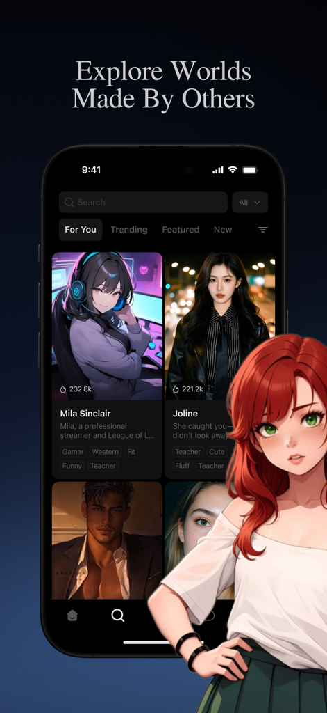 Xego: Character AI Chat - A smartphone interface of the Xego app showing a variety of community-made AI characters available for chat and roleplay.