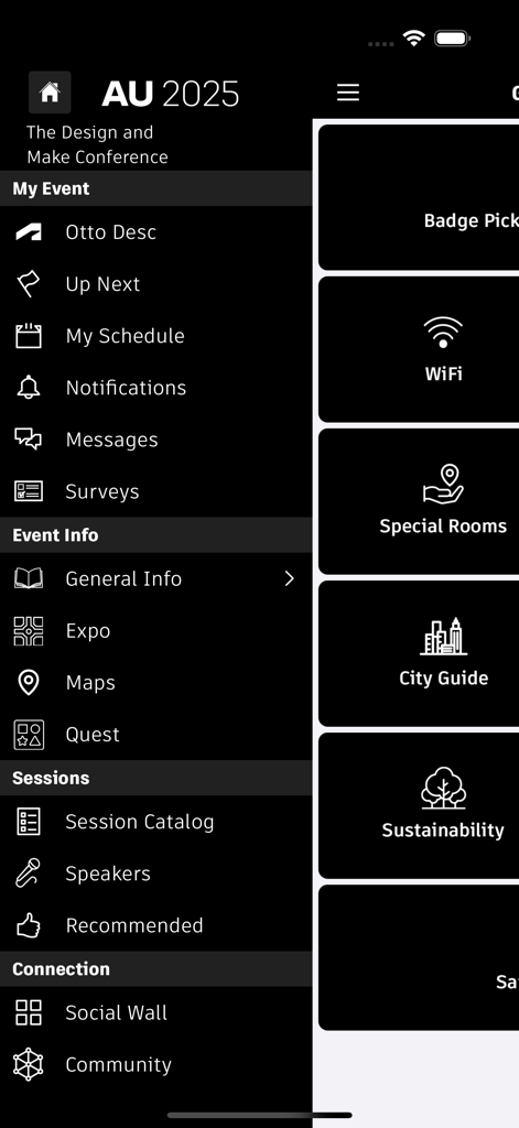 Autodesk | Events - Navigation menu of the Autodesk Events app for the AU 2025 conference