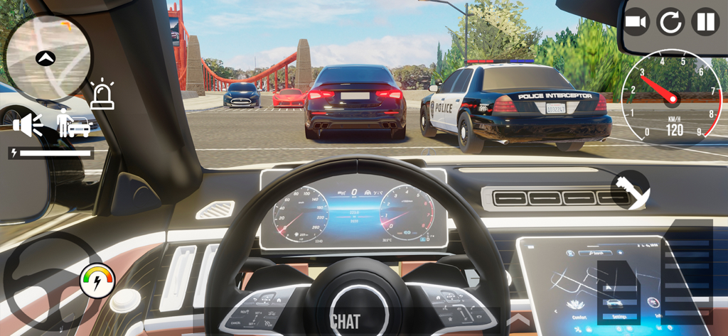 Police Simulator Cop Car Games - First person dashboard view of driving a car in a police simulator game on city streets