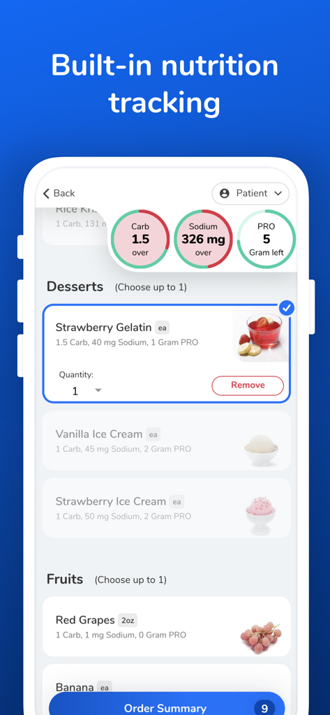 CBORD Patient app screen showing built-in nutrition tracking and hospital meal ordering menu