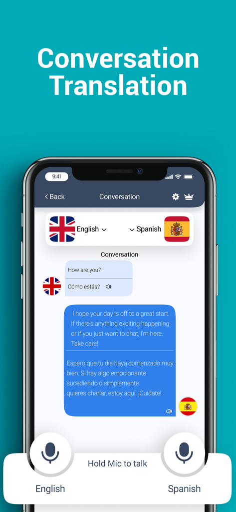 A smartphone showing a real-time voice conversation translation between English and Spanish in a chat format.