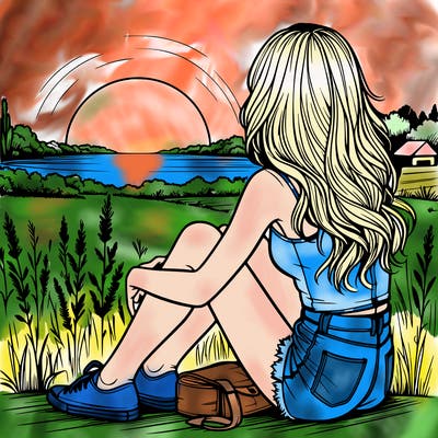 realistic girl sitting and watching the sunset
