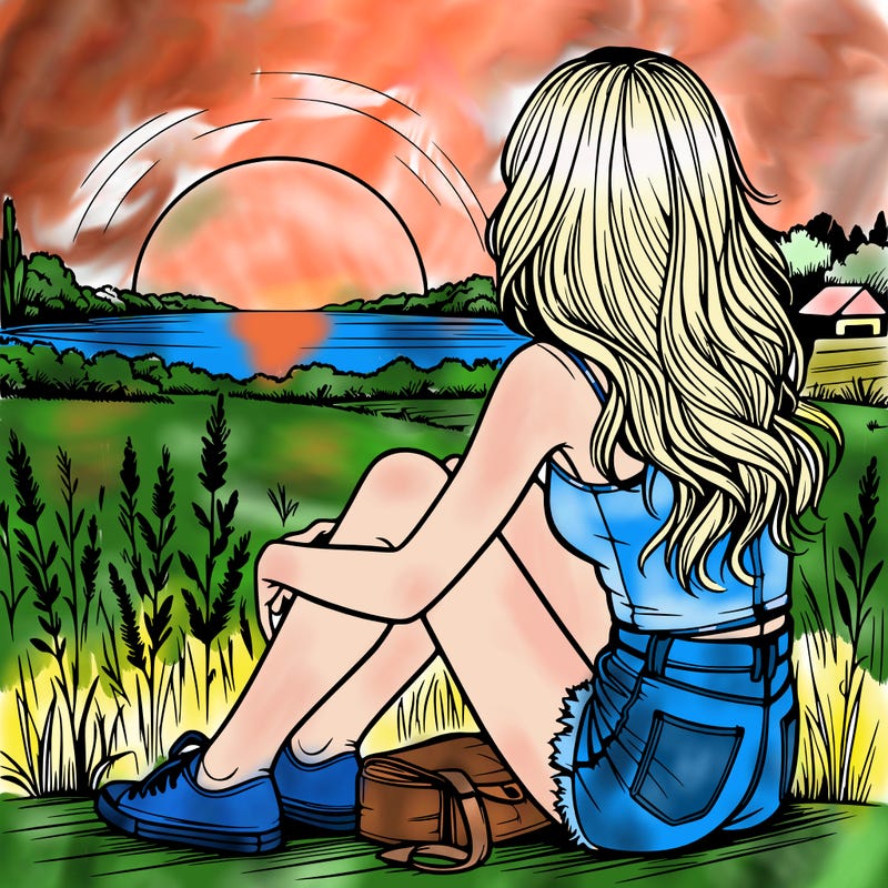 realistic girl sitting and watching the sunset