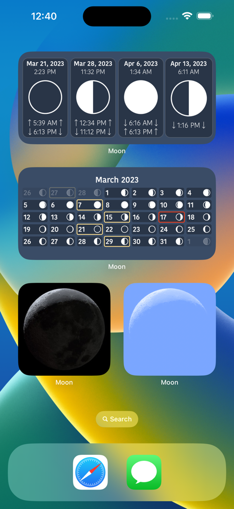 iPhone home screen with customizable moon phase and lunar calendar widgets