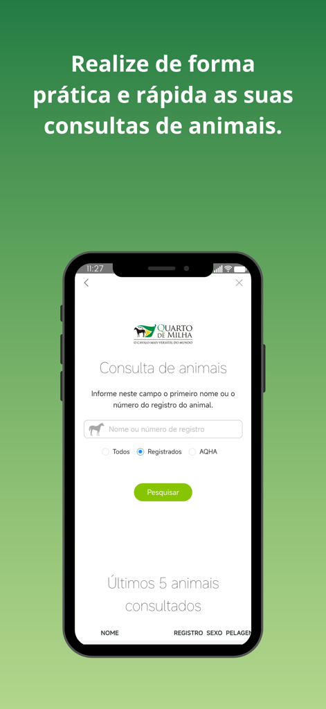 ABQM Oficial - Animal search interface in the ABQM Oficial app for querying Quarter Horse registration data.