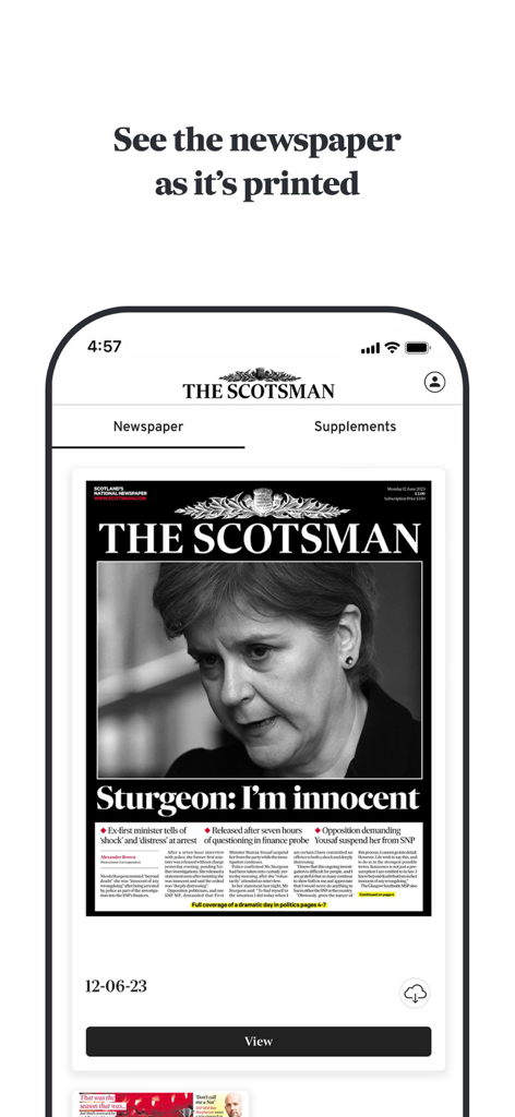 Interfaccia dell'app The Scotsman Newspaper che visualizza una replica digitale dell'edizione stampata giornaliera su un dispositivo mobile.