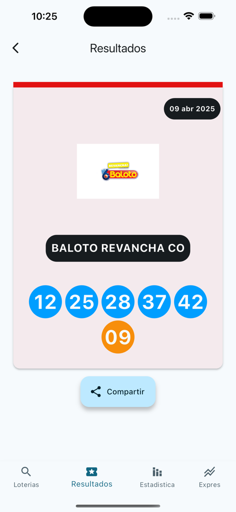 Loto Latina Resultados Loteria - Aplicación Loto Latina mostrando resultados de la lotería Baloto Revancha para Colombia con números ganadores