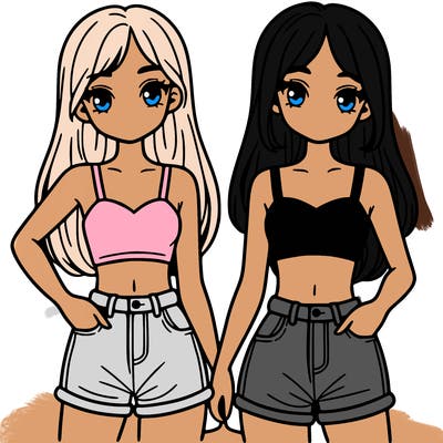 two sisters with crop tops and jean shorts and straight hair