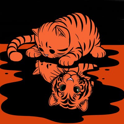 s small tabby cat look at itself in a puddle and sees it like a white tiger.