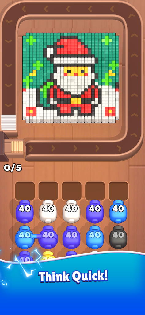 Gameplay screenshot of Color Blaze Shooter showing a pixel art Santa Claus on a grid with colored cannons and a Think Quick prompt.