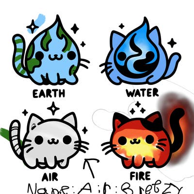 4 cats that represent the different elements, earth, water, air, and fire