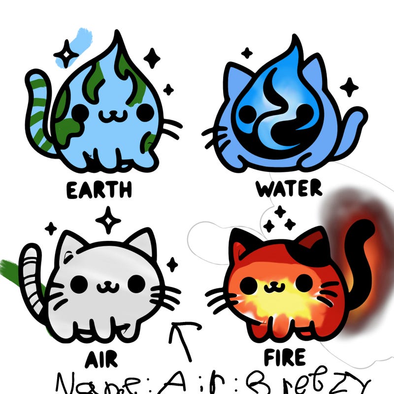 4 cats that represent the different elements, earth, water, air, and fire