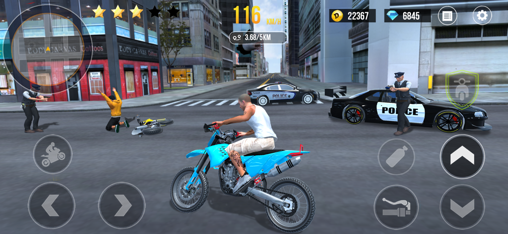 Blue motorcycle in a city street with police cars and officers in Moto Racing Driving Simulator