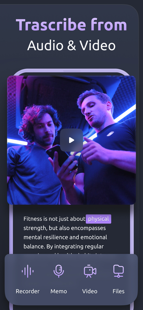 Transcribe. Voice to text AI. - AI app interface for transcribing audio and video files into text