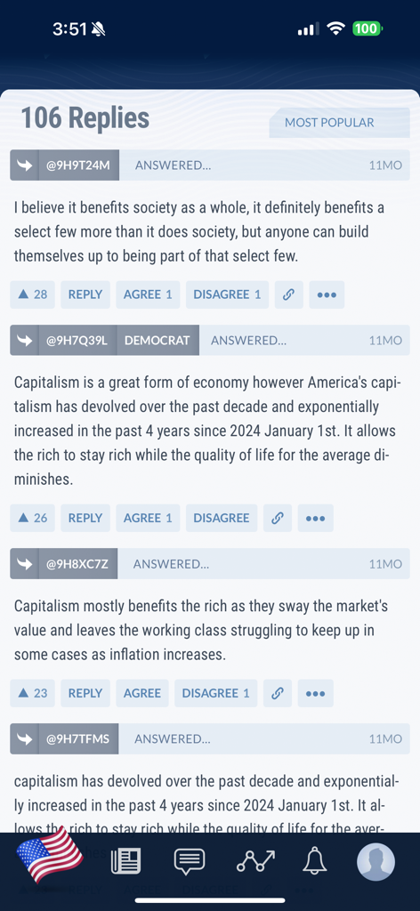 Political discussion and user replies interface in the iSideWith mobile app