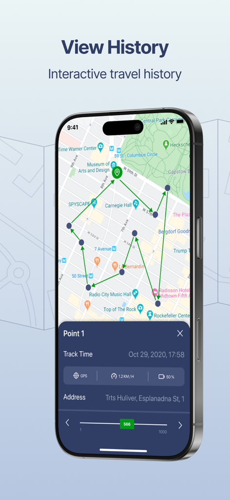 Écran de l'application mobile Myloc8 montrant l'historique des trajets interactif avec un itinéraire cartographié et les détails de localisation