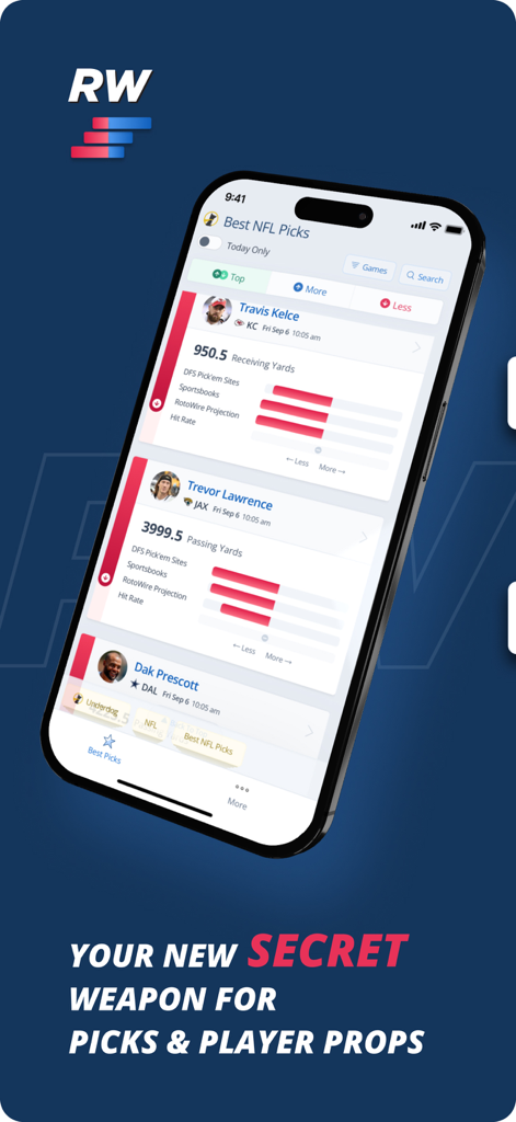 RotoWire app interface showing NFL player prop analysis and betting picks for Travis Kelce and Trevor Lawrence.