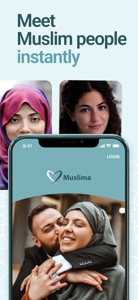 Capture d'écran de l'application de rencontres Muslima présentant un couple heureux et le texte Rencontrez des musulmans instantanément.
