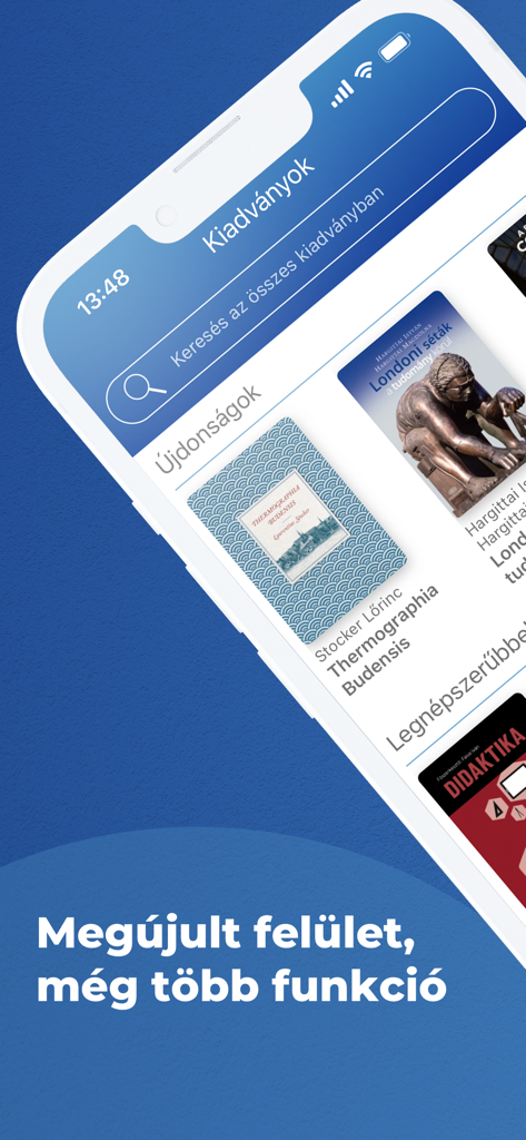 MeRSZ App-Oberfläche, die eine digitale Bibliothek ungarischer wissenschaftlicher Publikationen und eine Suchleiste anzeigt