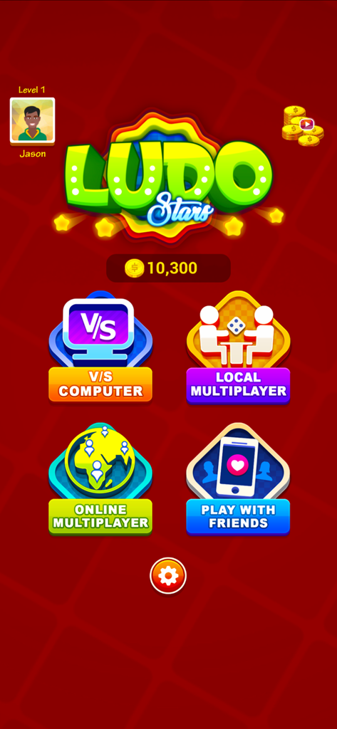 Main menu of Ludo Stars app showing options for computer local online multiplayer and play with friends