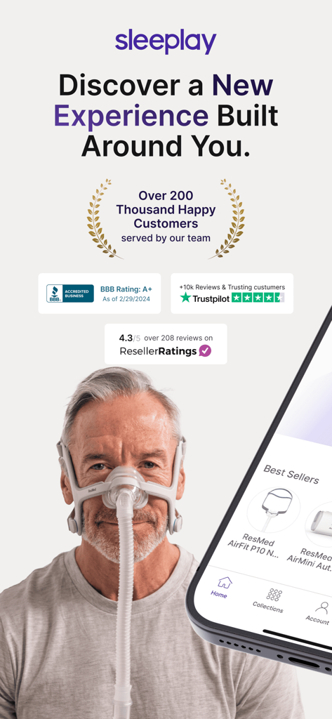 Sleeplay - Sleeplay mobile app for CPAP therapy supplies featuring customer reviews and a man wearing a mask