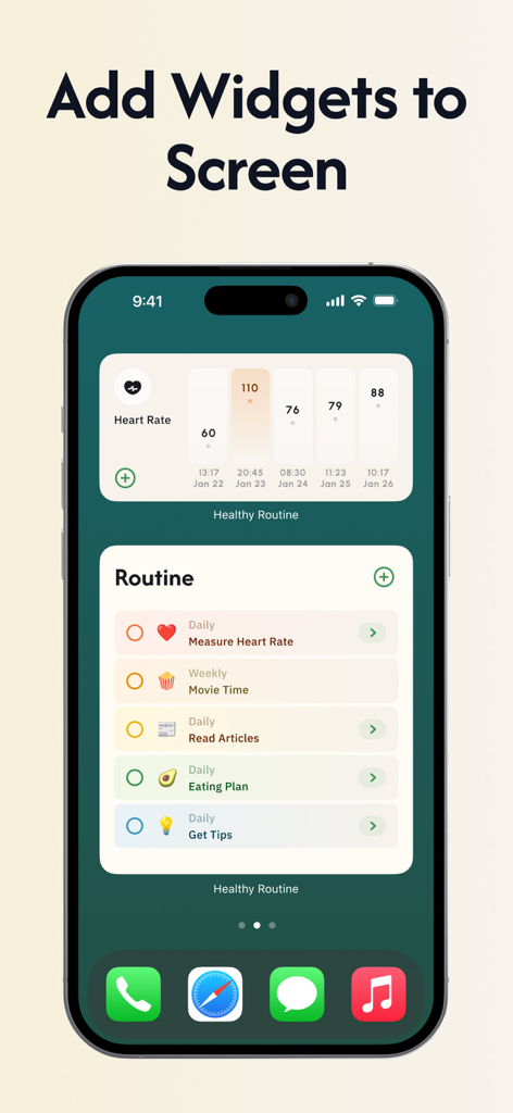 Daily Health - Healthy Routine - Heart rate and daily routine widgets on an iPhone from the Daily Health app.