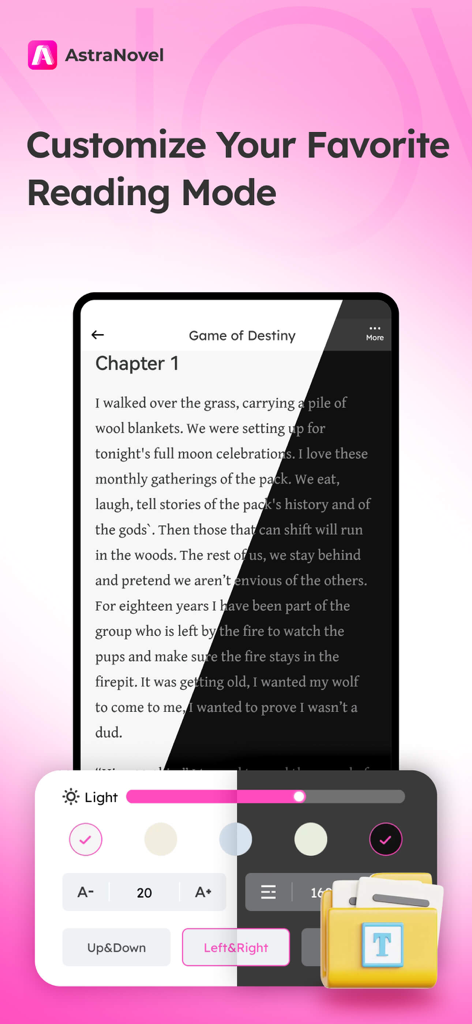 AstraNovel - Infinite Stories - AstraNovel app interface showing customizable reading settings for fonts and background themes