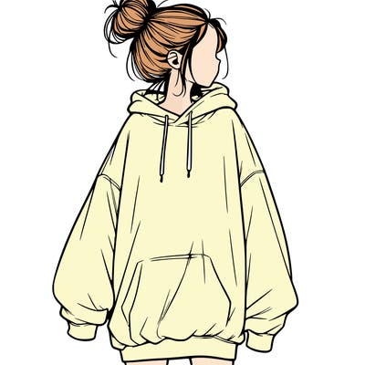 realistic girl with a oversized sweatshirt on and a bun