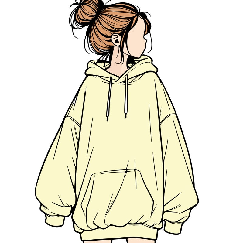 realistic girl with a oversized sweatshirt on and a bun
