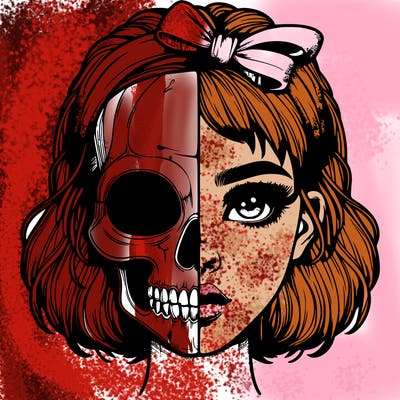 realistic girl with half skull mask