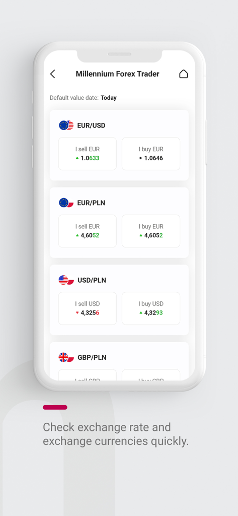 Millennium Forex Trader screen displaying currency exchange rates for EUR, USD, and PLN.