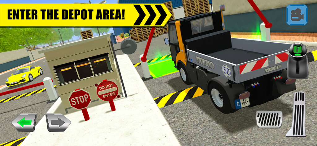A small utility truck approaching a warehouse security gate in a truck driving simulation game
