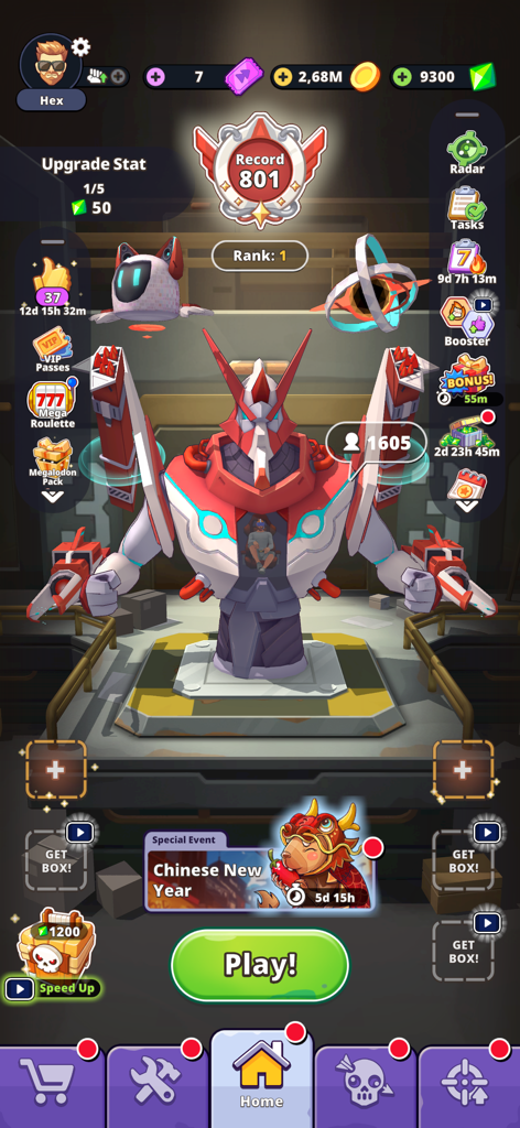 Tower Defense: Lazy Apocalypse - Un robot de batalla rojo y blanco en el menú principal del juego móvil Tower Defense Lazy Apocalypse