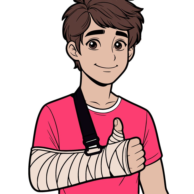 teenage realistic boy in a arm cast with a smile and a thumbs up